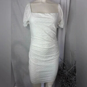 Heart & Hips White Eyelet Dress Ruched‎ Bodycon Square Neck Mini L